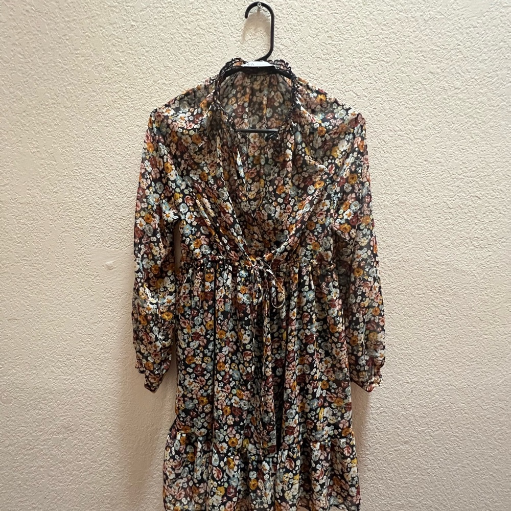 ZARA | Women Xs | Blue/Red Floral V Neck Baby Doll Emma ruffle Dress.
